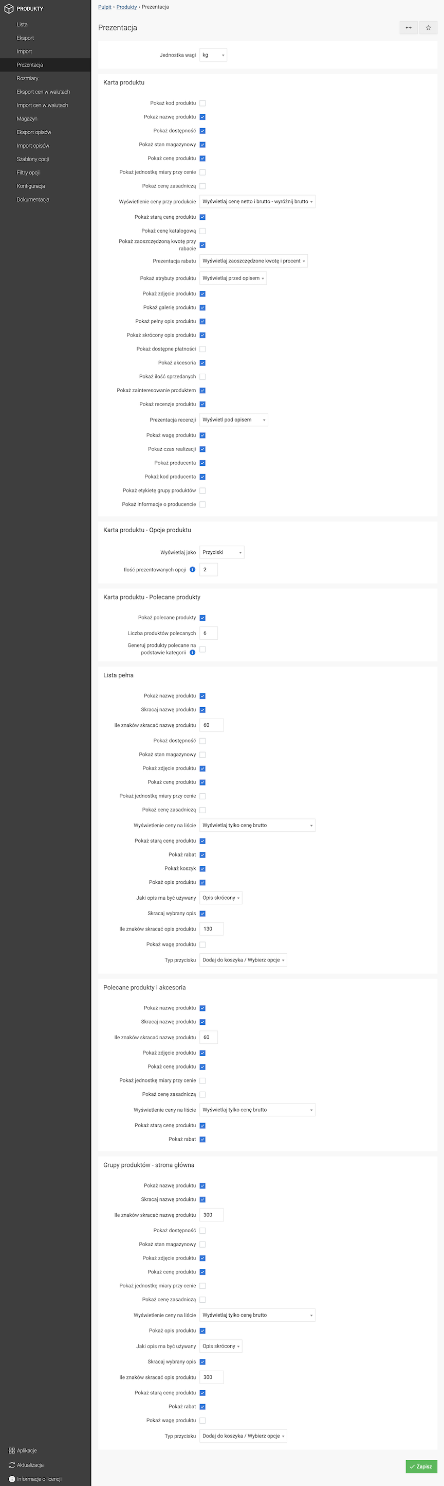 Product presentation settings panel