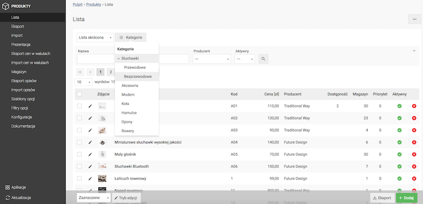 Filtering products by category on the product list