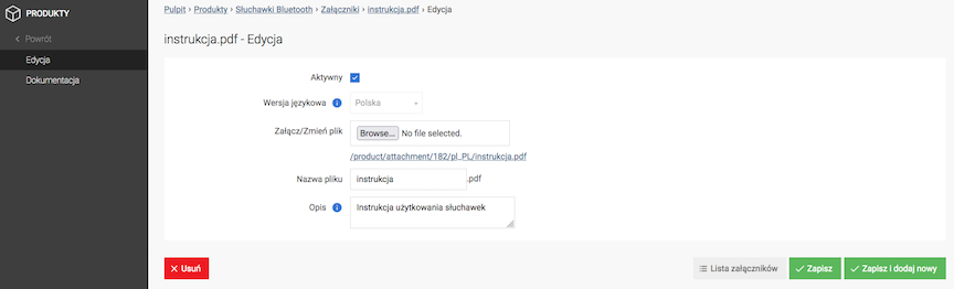 Edycja załącznika produktu