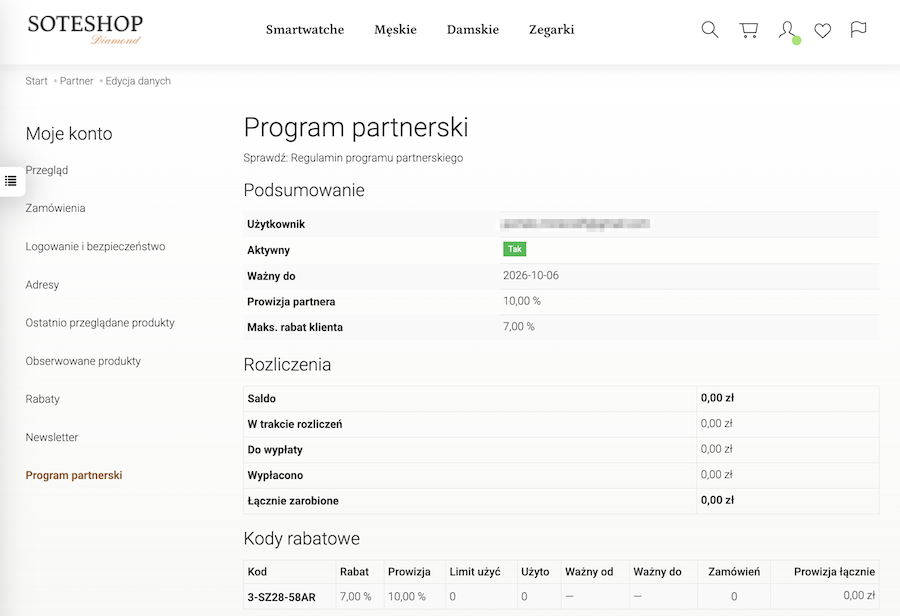 Panel Programu Partnerskiego na koncie partnera