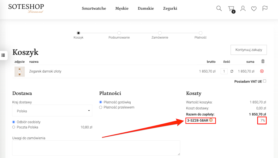 Kod rabatowy partnera zastosowany w koszyku