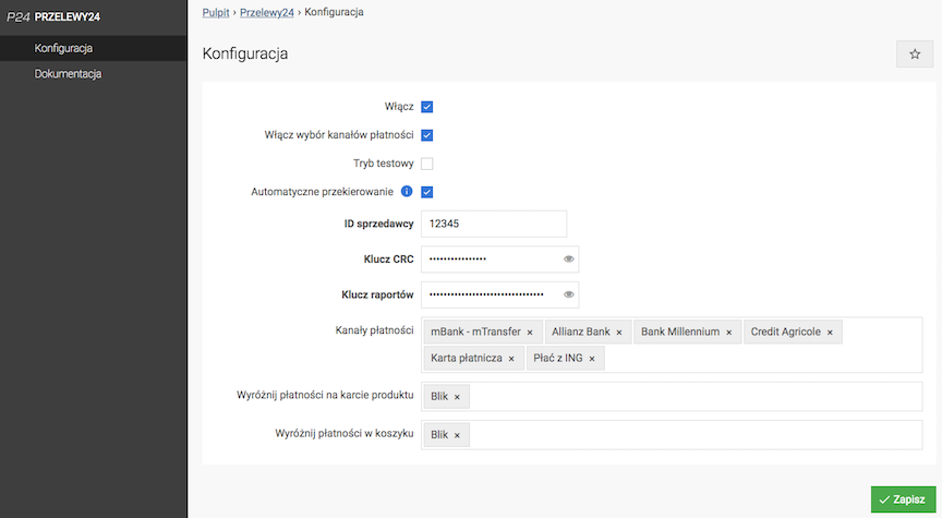 Przelewy24 configuration