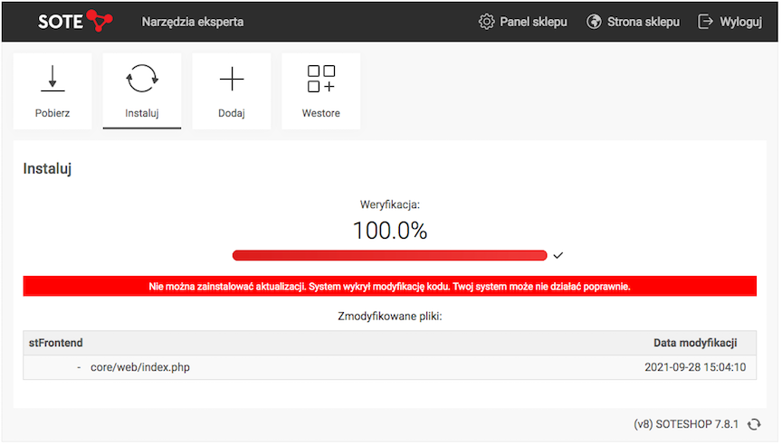 Błąd weryfikacji plików sklepu przy próbie aktualizacji