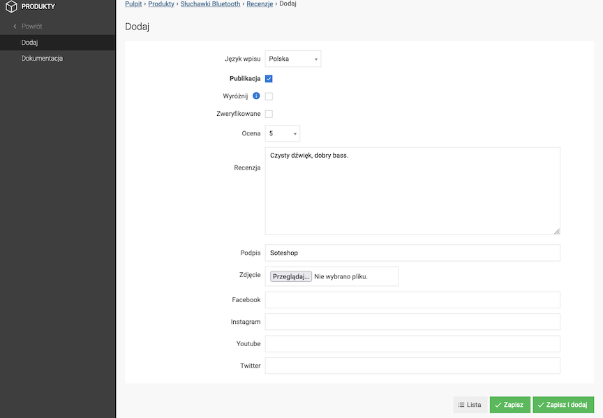 Dodanie recenzji z poziomu edycji produktu