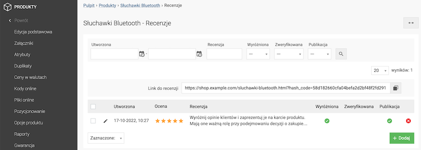 Lista recenzji w edycji produktu w panelu administracyjnym sklepu