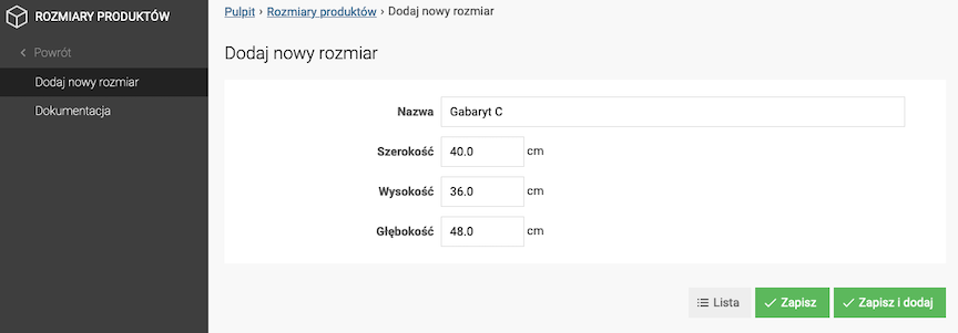 Dodawanie rozmiaru produktów