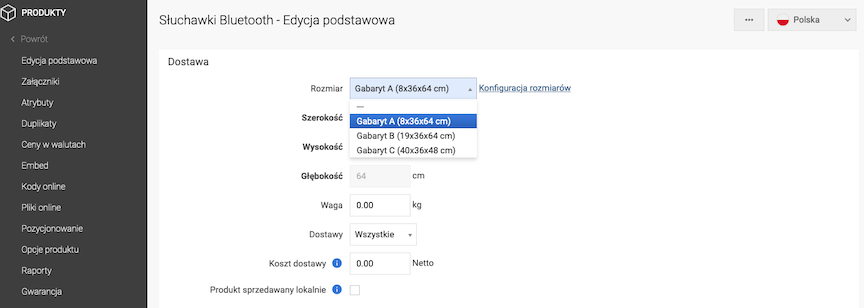 Size Selection in Product Edit