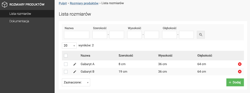 Lista rozmiarów produktów