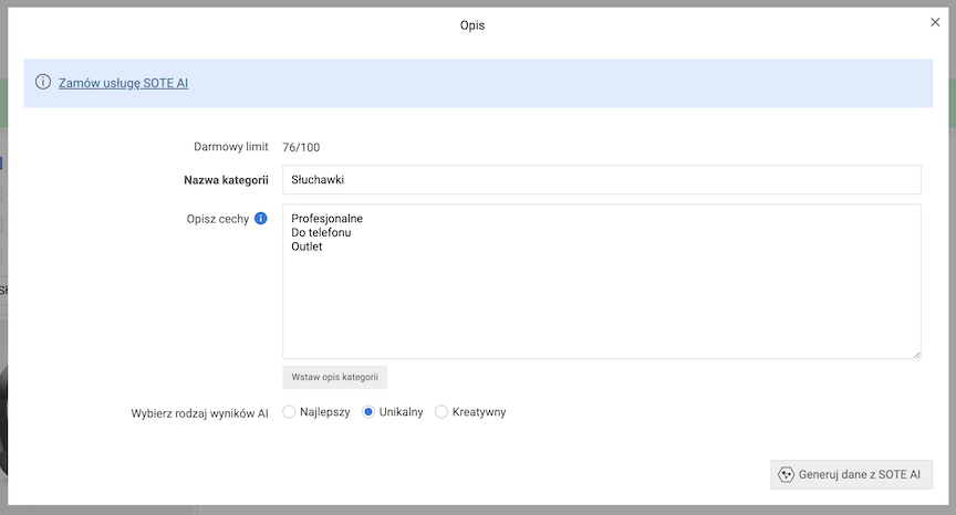 Okno generowania przez AI opisu kategorii