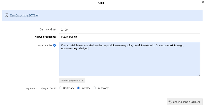 Okno generowania przez AI opisu producenta