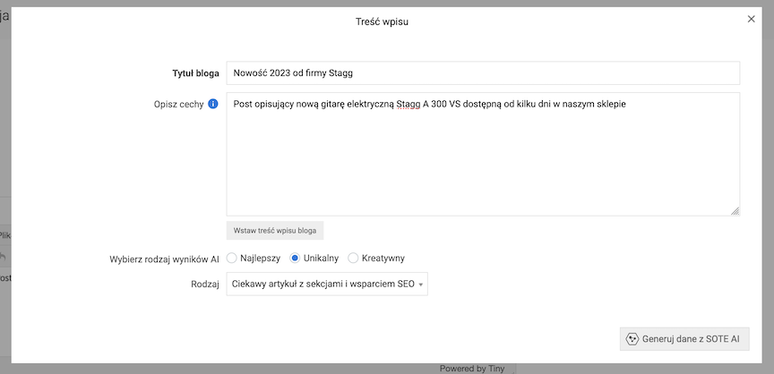 Okno generowania przez AI treści wpisu bloga