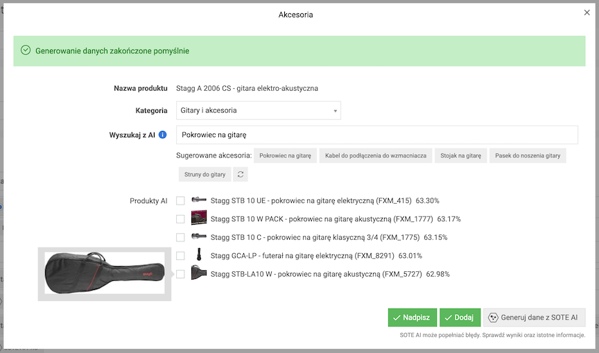 Wygenerowane przez SOTE AI sugestie akcesoriów