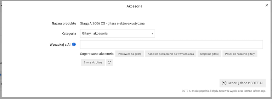 Okno generowania akcesoriów za pomocą SOTE AI