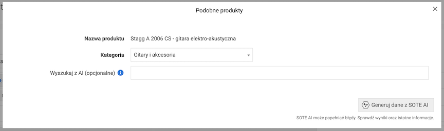 Okno generowania akcesoriów za pomocą SOTE AI