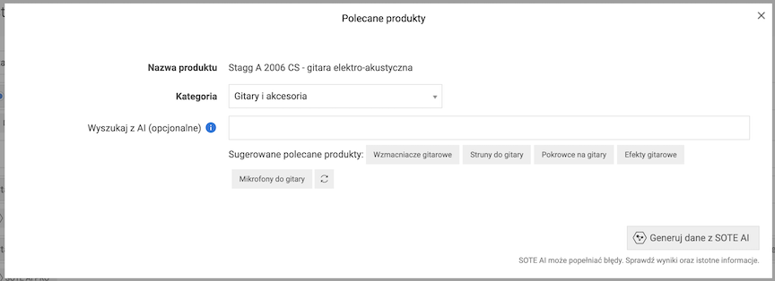 Okno generowania produktów polecanych za pomocą SOTE AI