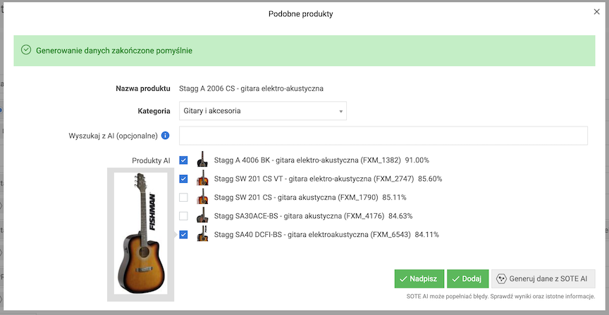 Wygenerowane przez SOTE AI sugestie produktów podobnych