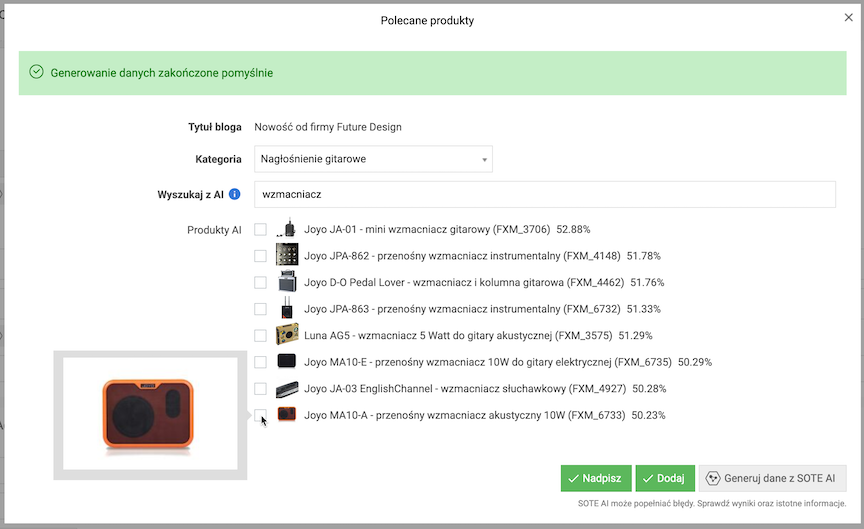 Wygenerowane przez SOTE AI sugestie produktów polecanych do bloga