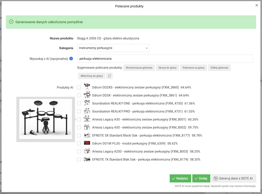 Wygenerowane przez SOTE AI sugestie produktów polecanych