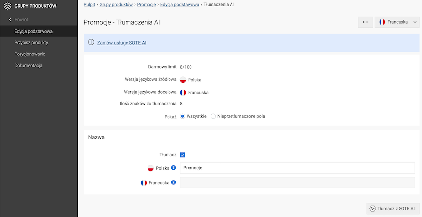 Okno tłumaczenia nazwy grupy produktów przez AI