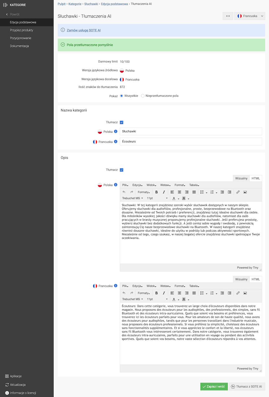 Opis kategorii przetłumaczony przez AI