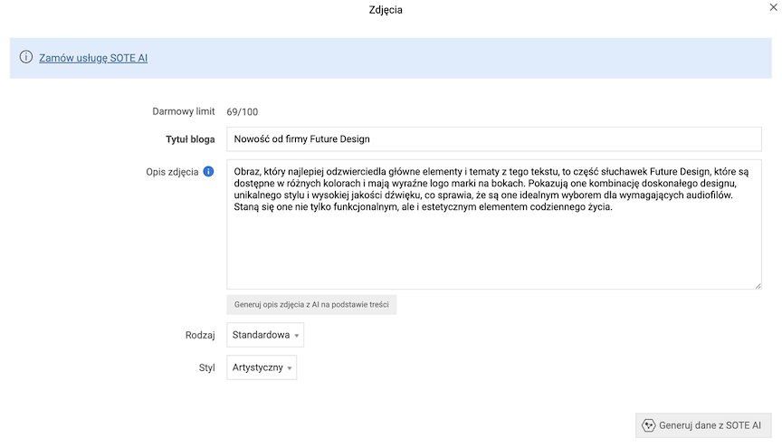 Okno generowania zdjęcia posta bloga przez SOTE AI