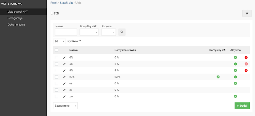 Lista stawek VAT