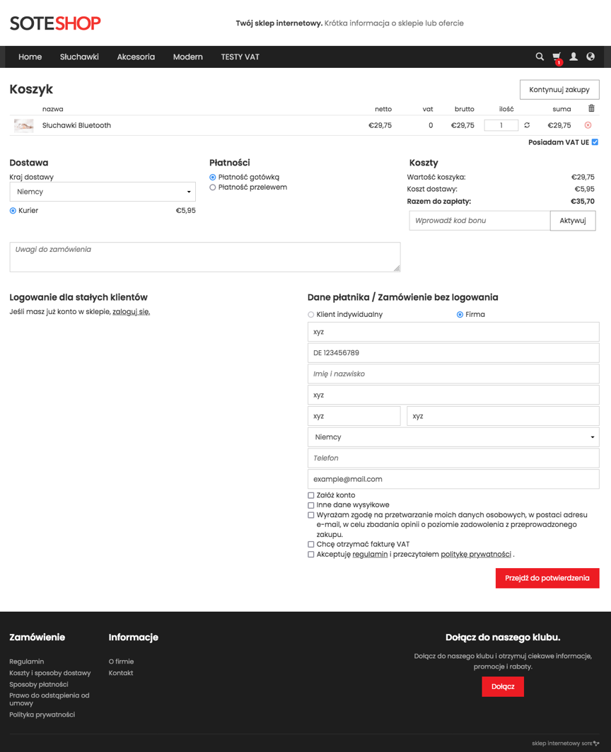 Cart after enabling the EU VAT for companies option