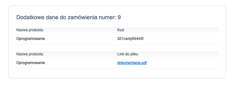 E-mail po złożeniu zamówienia z plikiem i kodami online