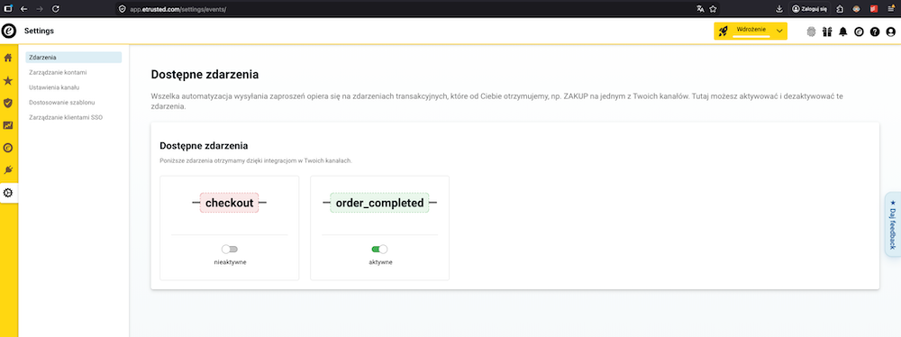 Ustawienia Order Completed - ekran 1