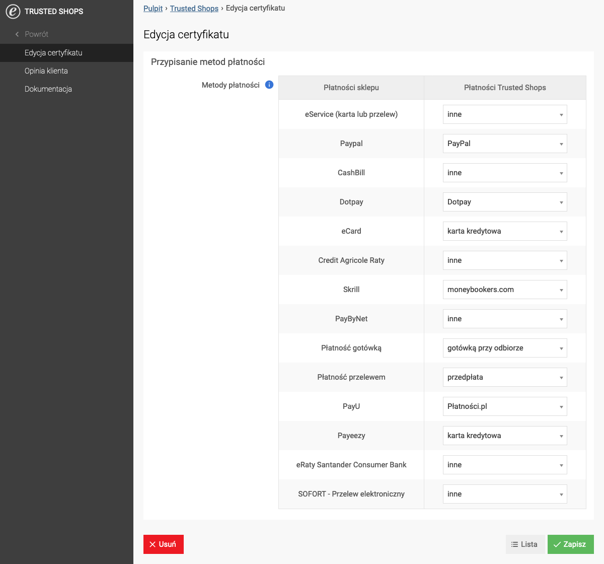 Link SOTESHOP payments to Trusted Shops