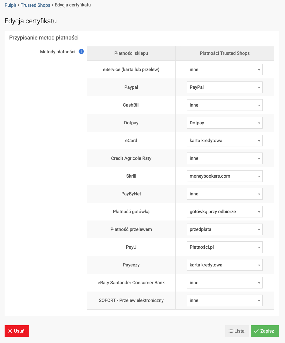 Powiązania płatności SOTESHOP z Trusted Shops