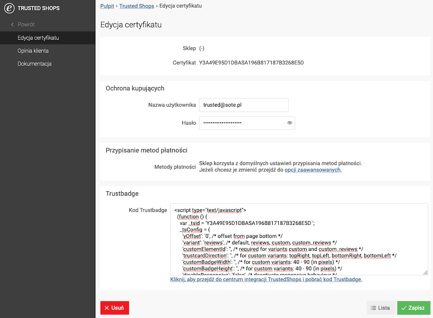 Wklej kod Trustbadge do konfiguracjia sklepu