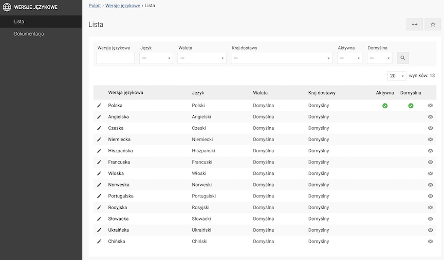 Lista wersji językowych w sklepie