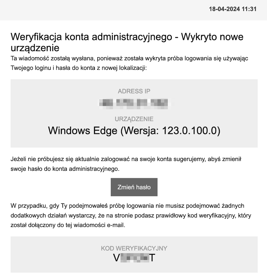 Wiadomość e-mail z kodem weryfikacyjnym