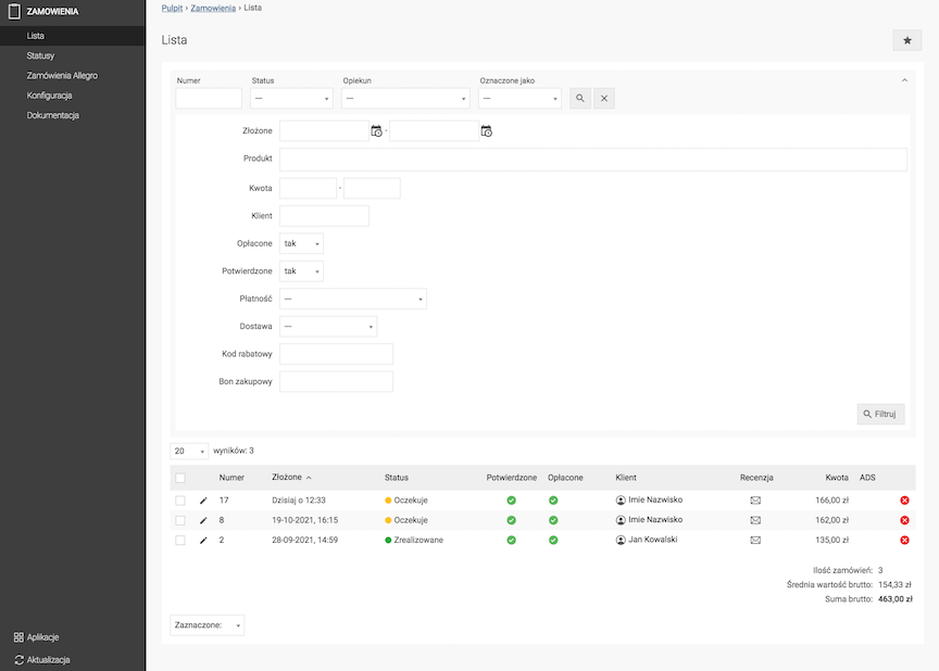 Filtering the order list