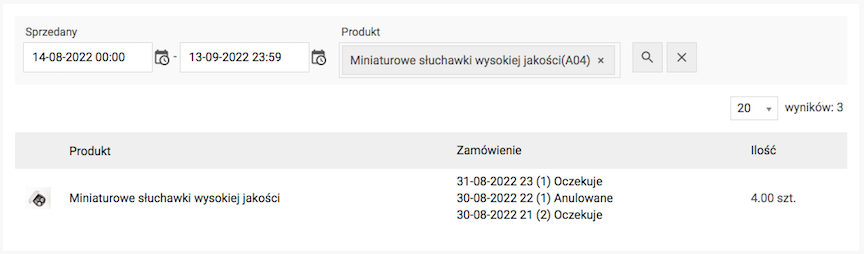 Lista zamówień ostatnio sprzedanych produktów