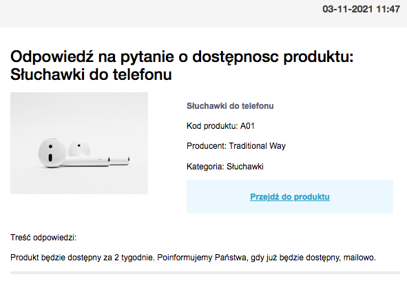 Wiadmość e-mail z odpowiedzią na zapytanie klienta