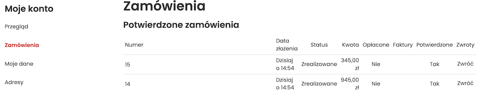 Lista zamówień w panelu klienta