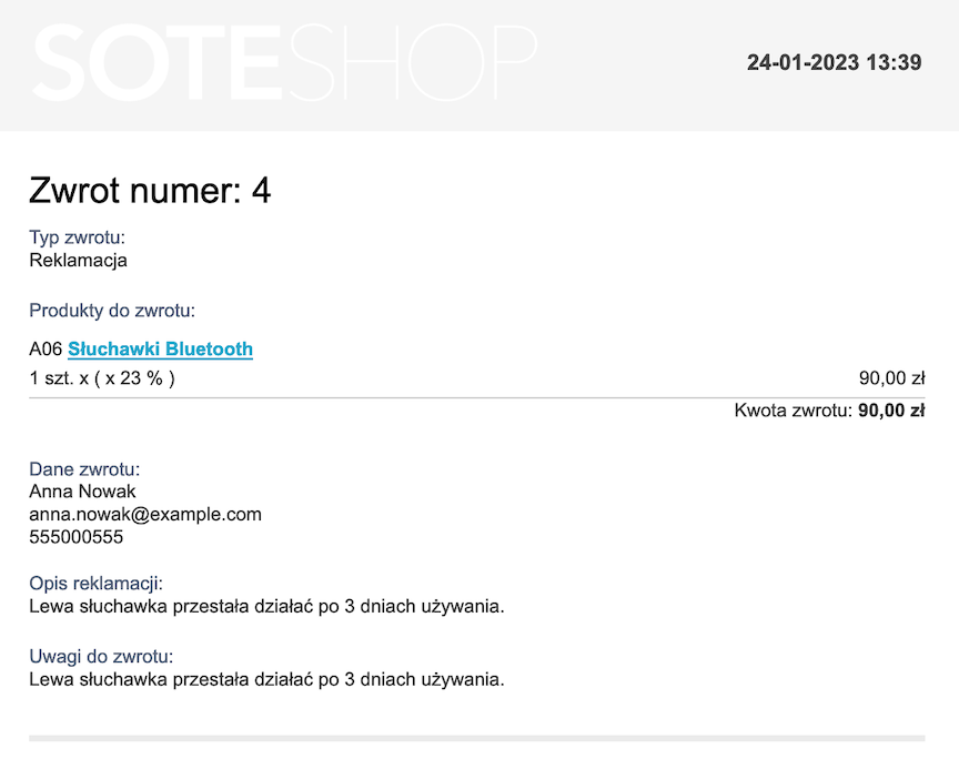 Wiadomość e-mail z potwierdzeniem reklamacji