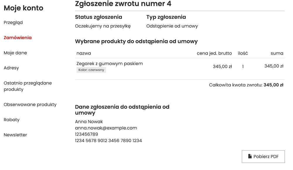 Podgląd wniosku w panelu klienta