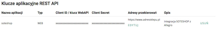 Allegro klucze REST API