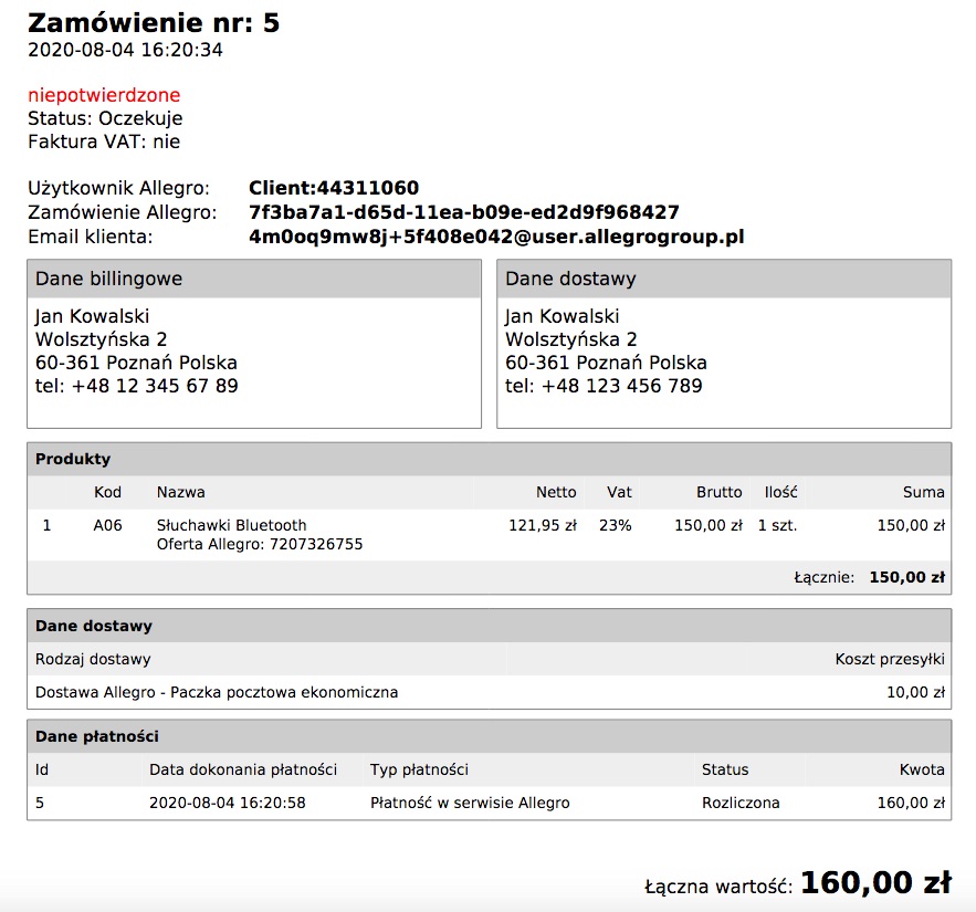 Wydruk zamówienia z aukcji Allegro w sklepie internetowym SOTESHOP