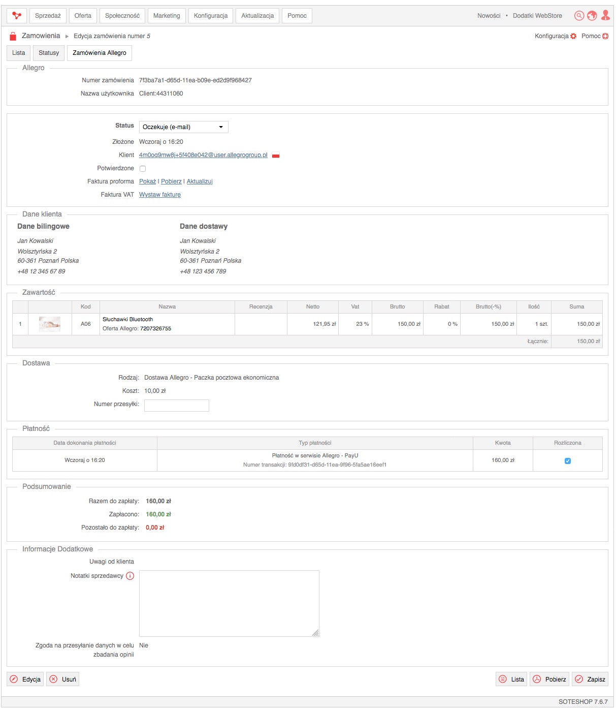 Zmiana zamówienia z aukcji Allegro w sklepie internetowym SOTESHOP