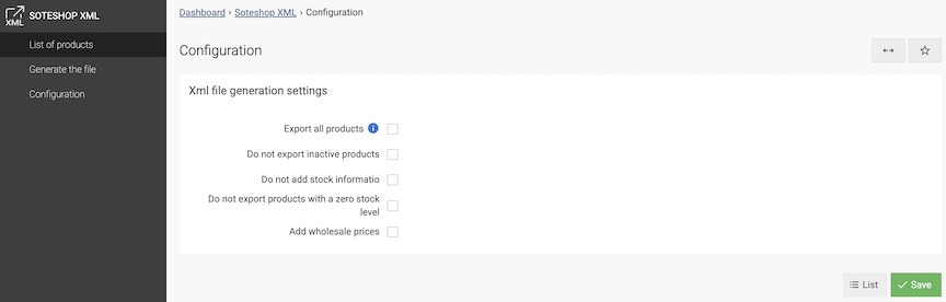 Configuration of the Soteshop XML module