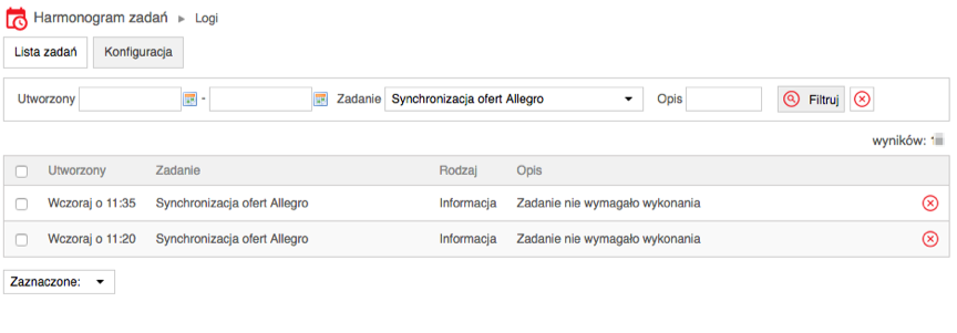 Lista logów zadania Harmonogramu
