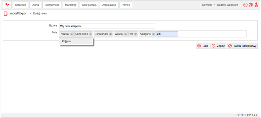 Dodawanie profilu eksportu produktów w Soteshop