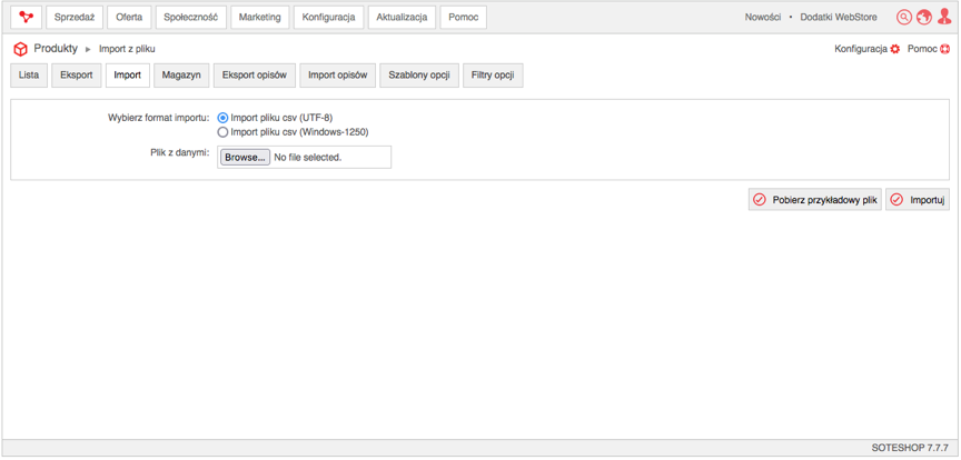 Panel importu produktów w Soteshop