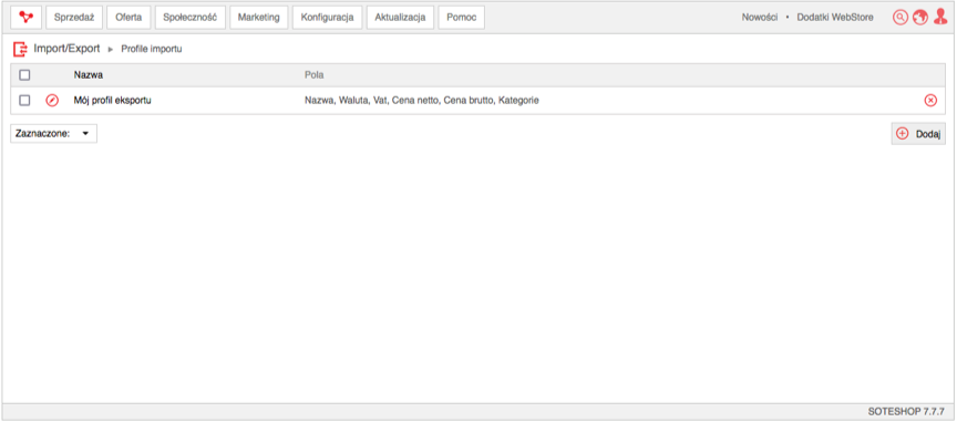 Panel zarzadzania profilami eksportu produktów w Soteshop
