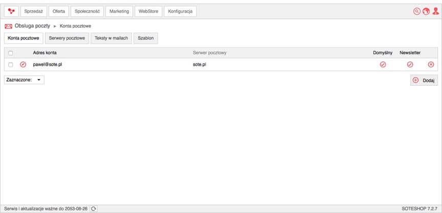 Lista kont pocztowych w panelu