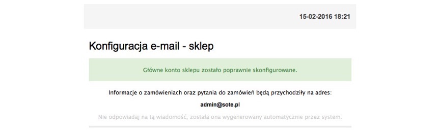 E-mail potwierdzający poprawną konfigurację pocztyw sklepie